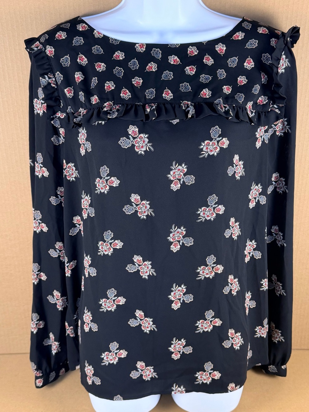 LOFT Black Floral Ruffle Yoke Long Sleeve Blouse